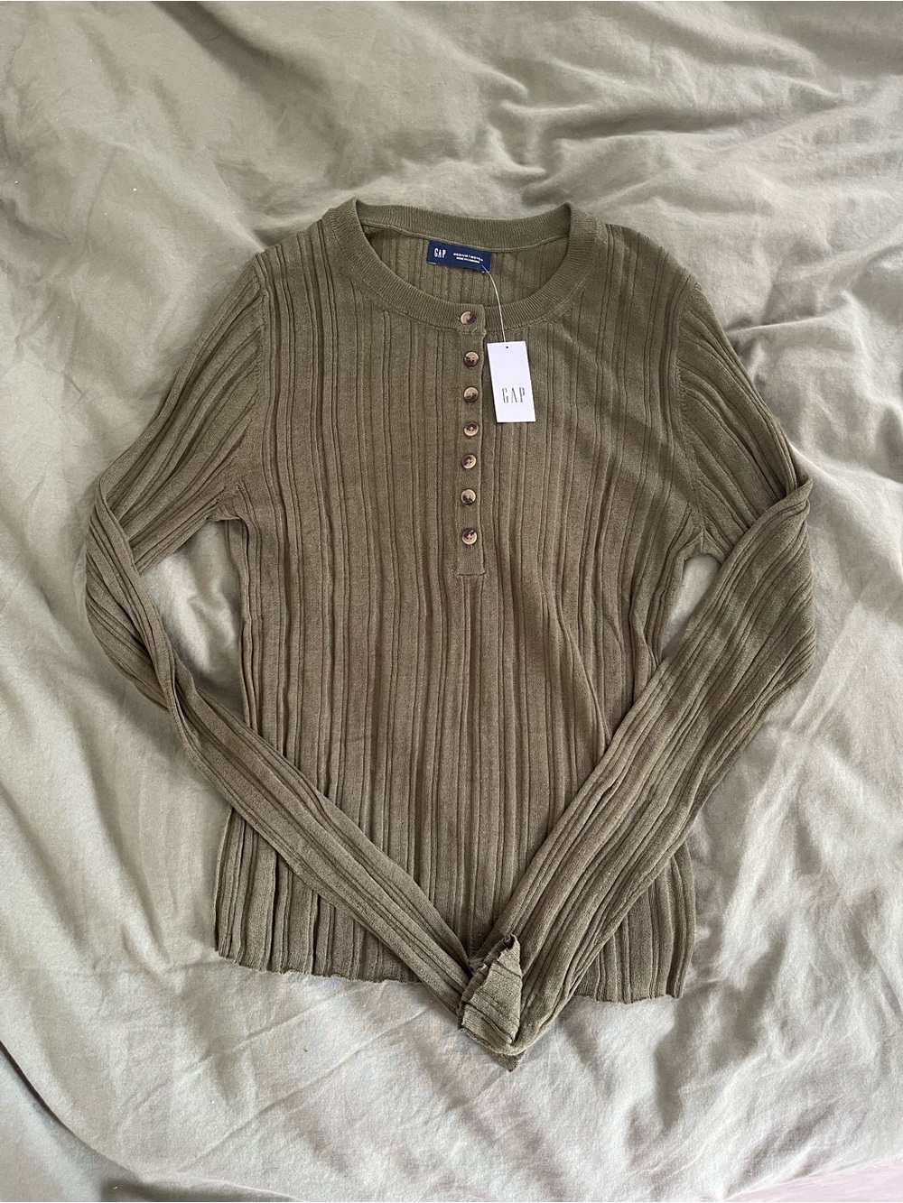 GAP Olive Green Sheer Ribbed Button Henley Long Sleeve Top